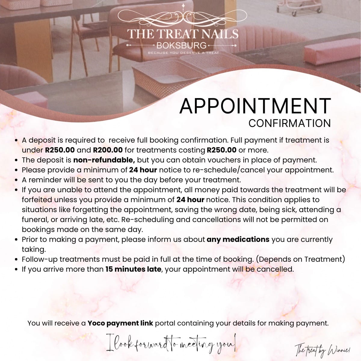 The Treat Boksburg appointment confirmation notice outlining deposit requirements, rescheduling and cancellation notice, medication disclosure, and lateness policy.